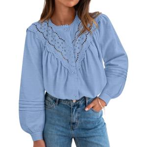 imageZESICA Long Puff Sleeve Babydoll Tops for Women Lace Crochet Button Down Boho Victorian Shirts Dressy Casual BlousesSky