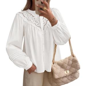 imageZESICA Long Puff Sleeve Babydoll Tops for Women Lace Crochet Button Down Boho Victorian Shirts Dressy Casual BlousesWhite