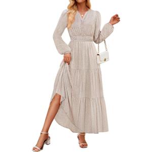 imageZESICA Womens 2025 Fall Long Sleeve Maxi Dress Floral Print V Neck Empire Waist A Line Tiered Flowy Boho Party DressesBeige
