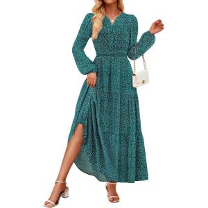 imageZESICA Womens 2025 Fall Long Sleeve Maxi Dress Floral Print V Neck Empire Waist A Line Tiered Flowy Boho Party DressesGreen