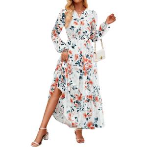 imageZESICA Womens 2025 Fall Long Sleeve Maxi Dress Floral Print V Neck Empire Waist A Line Tiered Flowy Boho Party DressesIvory