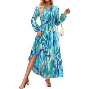 imageZESICA Womens 2025 Fall Long Sleeve Maxi Dress Floral Print V Neck Empire Waist A Line Tiered Flowy Boho Party DressesLakeblue