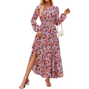 imageZESICA Womens 2025 Fall Long Sleeve Maxi Dress Floral Print V Neck Empire Waist A Line Tiered Flowy Boho Party DressesOrange