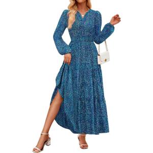 imageZESICA Womens 2025 Fall Long Sleeve Maxi Dress Floral Print V Neck Empire Waist A Line Tiered Flowy Boho Party DressesPeacockblue