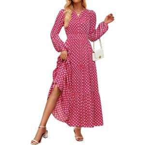 imageZESICA Womens 2025 Fall Long Sleeve Maxi Dress Floral Print V Neck Empire Waist A Line Tiered Flowy Boho Party DressesRed