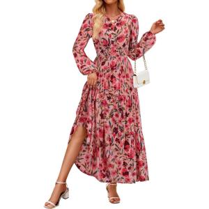 imageZESICA Womens 2025 Fall Long Sleeve Maxi Dress Floral Print V Neck Empire Waist A Line Tiered Flowy Boho Party DressesVintagepink