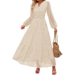 imageZESICA Womens 2025 Fall Long Sleeve Maxi Dress V Neck Hollow Out Eyelet A Line Long Flowy Casual Party DressesApricot