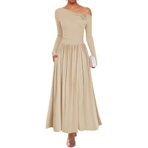 imageZESICA Womens 2025 Fall Long Sleeve Off Shoulder Maxi Dress Ribbed Knit Pleated Elegant Formal Dresses with PocketsApricot