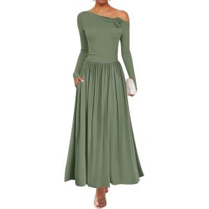 imageZESICA Womens 2025 Fall Long Sleeve Off Shoulder Maxi Dress Ribbed Knit Pleated Elegant Formal Dresses with PocketsBeangreen