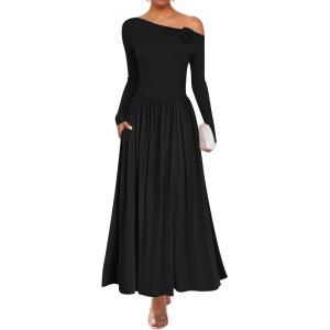 imageZESICA Womens 2025 Fall Long Sleeve Off Shoulder Maxi Dress Ribbed Knit Pleated Elegant Formal Dresses with PocketsBlack