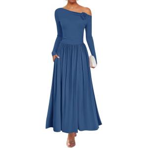 imageZESICA Womens 2025 Fall Long Sleeve Off Shoulder Maxi Dress Ribbed Knit Pleated Elegant Formal Dresses with PocketsDustyblue