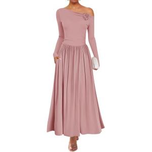 imageZESICA Womens 2025 Fall Long Sleeve Off Shoulder Maxi Dress Ribbed Knit Pleated Elegant Formal Dresses with PocketsPink