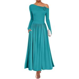 imageZESICA Womens 2025 Fall Long Sleeve Off Shoulder Maxi Dress Ribbed Knit Pleated Elegant Formal Dresses with PocketsTeal