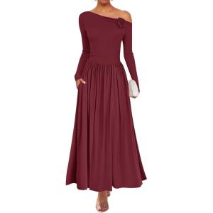 imageZESICA Womens 2025 Fall Long Sleeve Off Shoulder Maxi Dress Ribbed Knit Pleated Elegant Formal Dresses with PocketsWine