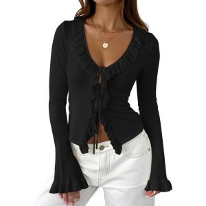imageZESICA Womens 2025 Fall Tie Front Bow Cardigan Sweaters Long Bell Sleeve V Neck Ruffled Ribbed Knit Trendy TopsBlack