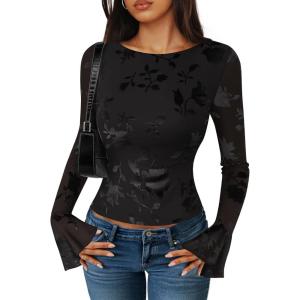 imageZESICA Womens Bell Long Sleeve Tops 2025 Fall Boat Neck Mesh Floral Fitted Shirts Trendy Y2K Going Out OutfitsBlack