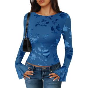 imageZESICA Womens Bell Long Sleeve Tops 2025 Fall Boat Neck Mesh Floral Fitted Shirts Trendy Y2K Going Out OutfitsDarkblue