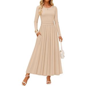 imageZESICA Womens Elegant Long Sleeve Maxi Dress 2025 Fall Crewneck Knit High Wasit Pleated Flowy A Line Party Long DressesApricot
