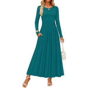 imageZESICA Womens Elegant Long Sleeve Maxi Dress 2025 Fall Crewneck Knit High Wasit Pleated Flowy A Line Party Long DressesAqua