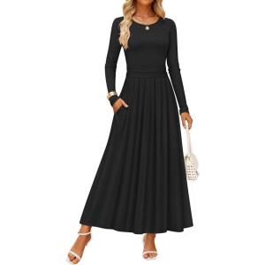 imageZESICA Womens Elegant Long Sleeve Maxi Dress 2025 Fall Crewneck Knit High Wasit Pleated Flowy A Line Party Long DressesBlack