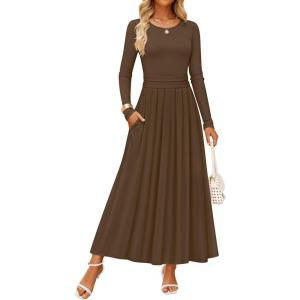 imageZESICA Womens Elegant Long Sleeve Maxi Dress 2025 Fall Crewneck Knit High Wasit Pleated Flowy A Line Party Long DressesBrown