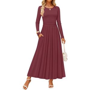 imageZESICA Womens Elegant Long Sleeve Maxi Dress 2025 Fall Crewneck Knit High Wasit Pleated Flowy A Line Party Long DressesFuchsia