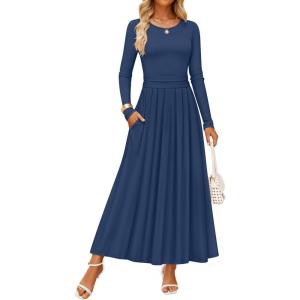 imageZESICA Womens Elegant Long Sleeve Maxi Dress 2025 Fall Crewneck Knit High Wasit Pleated Flowy A Line Party Long DressesNavy