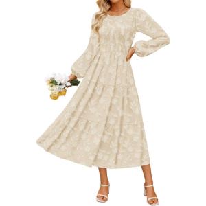 imageZESICA Womens Fall Boho Floral Midi Dress 2025 Casual Long Sleeve Crewneck Flowy Weeding Guest Long DressesApricot