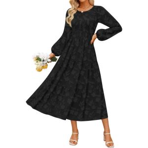 imageZESICA Womens Fall Boho Floral Midi Dress 2025 Casual Long Sleeve Crewneck Flowy Weeding Guest Long DressesBlack