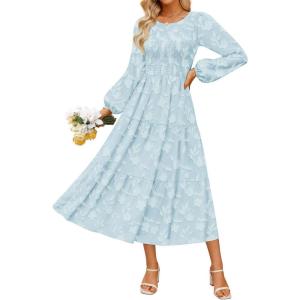 imageZESICA Womens Fall Boho Floral Midi Dress 2025 Casual Long Sleeve Crewneck Flowy Weeding Guest Long DressesBlue