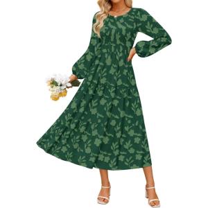 imageZESICA Womens Fall Boho Floral Midi Dress 2025 Casual Long Sleeve Crewneck Flowy Weeding Guest Long DressesDark Green