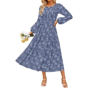 imageZESICA Womens Fall Boho Floral Midi Dress 2025 Casual Long Sleeve Crewneck Flowy Weeding Guest Long DressesDusty Blue