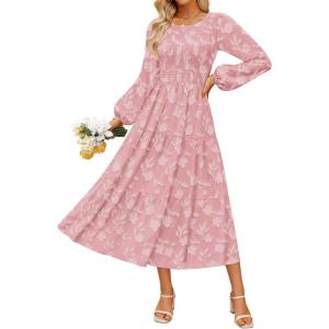 imageZESICA Womens Fall Boho Floral Midi Dress 2025 Casual Long Sleeve Crewneck Flowy Weeding Guest Long DressesPink