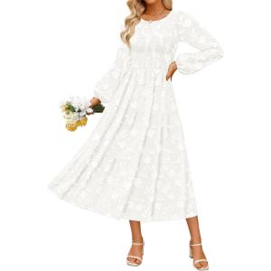 imageZESICA Womens Fall Boho Floral Midi Dress 2025 Casual Long Sleeve Crewneck Flowy Weeding Guest Long DressesWhite