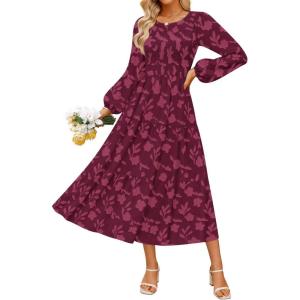 imageZESICA Womens Fall Boho Floral Midi Dress 2025 Casual Long Sleeve Crewneck Flowy Weeding Guest Long DressesWine