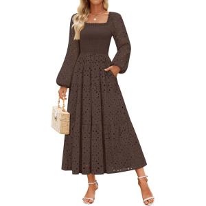 imageZESICA Womens Fall Long Sleeve Maxi Dress 2025 Square Neck Hollow Out Eyelet Smocked A Line Flowy Casual Party DressesCoffee