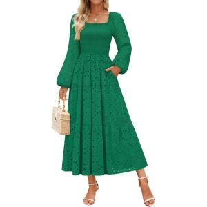 imageZESICA Womens Fall Long Sleeve Maxi Dress 2025 Square Neck Hollow Out Eyelet Smocked A Line Flowy Casual Party DressesGreen