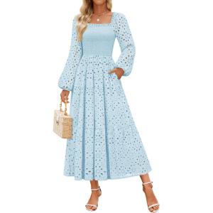 imageZESICA Womens Fall Long Sleeve Maxi Dress 2025 Square Neck Hollow Out Eyelet Smocked A Line Flowy Casual Party DressesLightblue