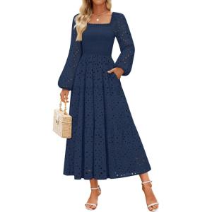 imageZESICA Womens Fall Long Sleeve Maxi Dress 2025 Square Neck Hollow Out Eyelet Smocked A Line Flowy Casual Party DressesNavy