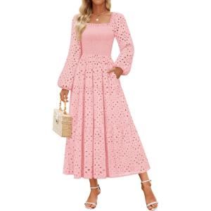 imageZESICA Womens Fall Long Sleeve Maxi Dress 2025 Square Neck Hollow Out Eyelet Smocked A Line Flowy Casual Party DressesPink