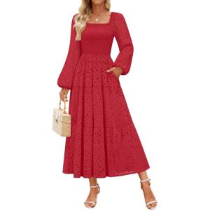 imageZESICA Womens Fall Long Sleeve Maxi Dress 2025 Square Neck Hollow Out Eyelet Smocked A Line Flowy Casual Party DressesRed