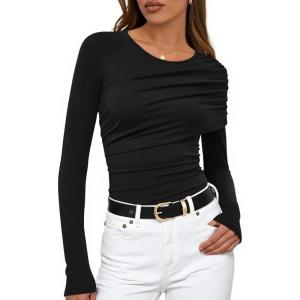 imageZESICA Womens Fall Long Sleeve Tops 2025 Casual Crewneck Ruched Shirts Slim Fit Going Out Y2K BlousesBlack