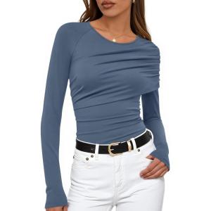 imageZESICA Womens Fall Long Sleeve Tops 2025 Casual Crewneck Ruched Shirts Slim Fit Going Out Y2K BlousesDusty Blue