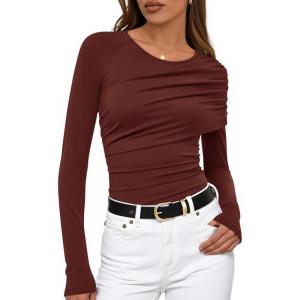 imageZESICA Womens Fall Long Sleeve Tops 2025 Casual Crewneck Ruched Shirts Slim Fit Going Out Y2K BlousesRust