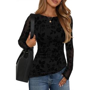 imageZESICA Womens Floral Long Sleeve Shirts 2025 Fall Boat Neck Ruched Tops Slim Fitted Asymmetrical Going Out BlousesBlack