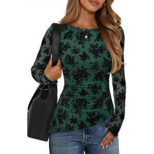 imageZESICA Womens Floral Long Sleeve Shirts 2025 Fall Boat Neck Ruched Tops Slim Fitted Asymmetrical Going Out BlousesGreen