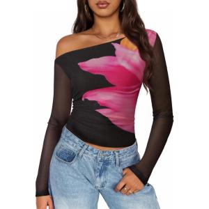 imageZESICA Womens Floral Off Shoulder Long Sleeve Tops 2025 Fall Mesh Ruched Fitted Trendy Going Out Shirts BlousesBlack