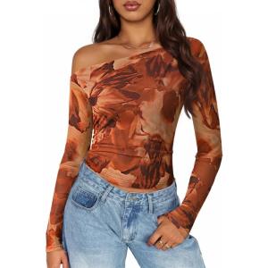 imageZESICA Womens Floral Off Shoulder Long Sleeve Tops 2025 Fall Mesh Ruched Fitted Trendy Going Out Shirts BlousesBrown