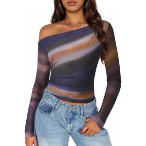 imageZESICA Womens Floral Off Shoulder Long Sleeve Tops 2025 Fall Mesh Ruched Fitted Trendy Going Out Shirts BlousesDarkpurple
