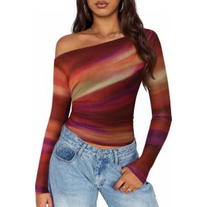 imageZESICA Womens Floral Off Shoulder Long Sleeve Tops 2025 Fall Mesh Ruched Fitted Trendy Going Out Shirts BlousesFuchsia